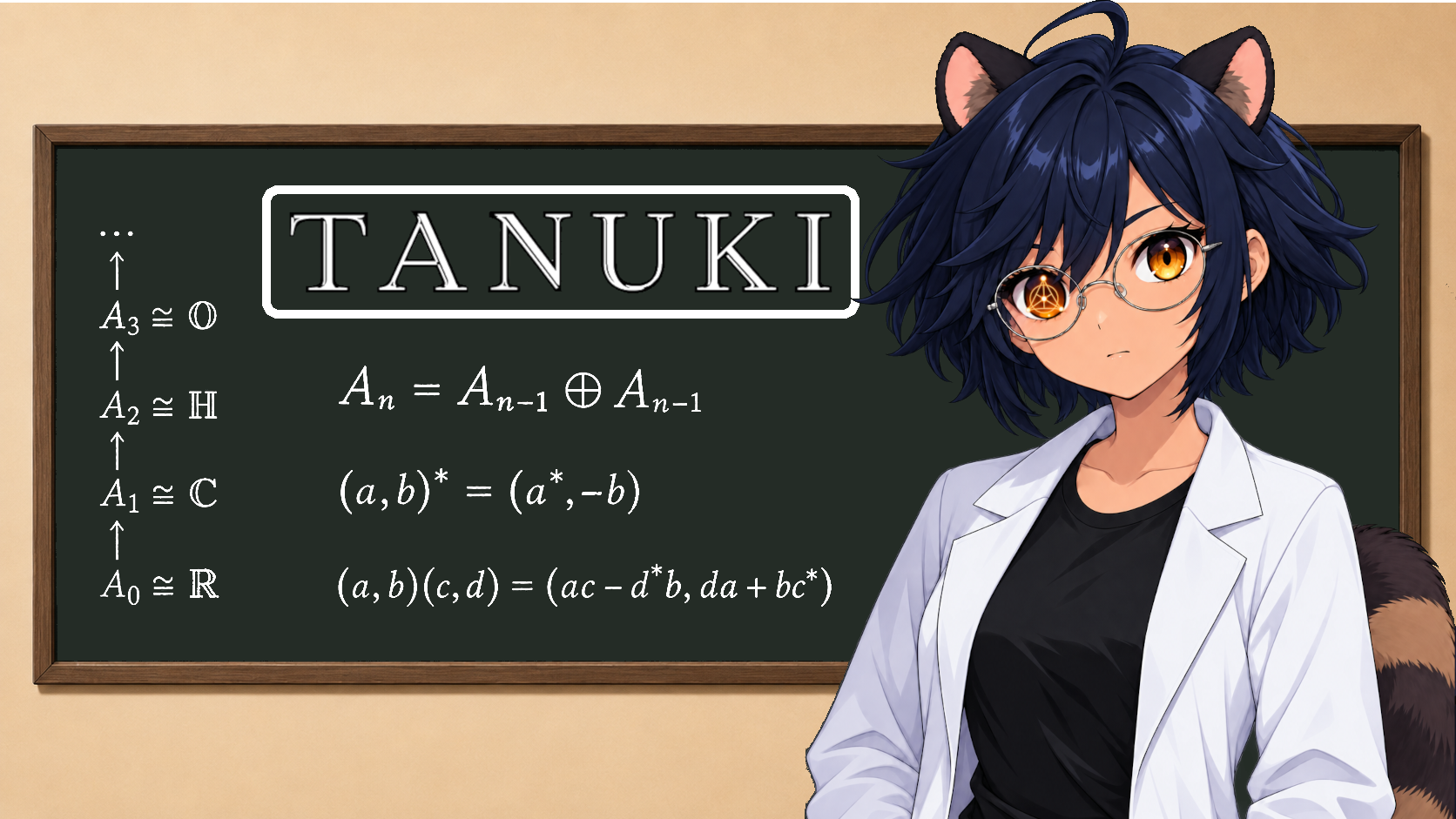 Tanuki in front of a chalkboard covered with mathematical notation